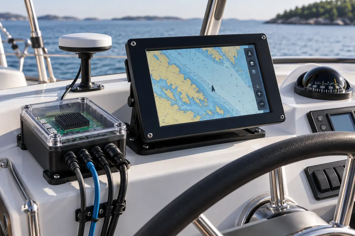 Raspberry Pi marine navigation computer connected to a helm display